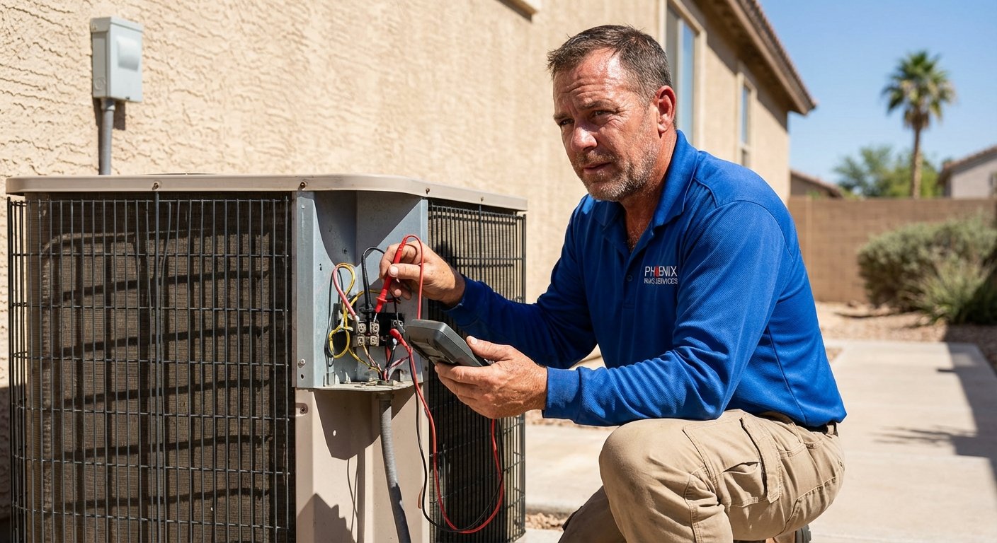 HVAC technician inspecting outdoor AC condenser unit in Phoenix