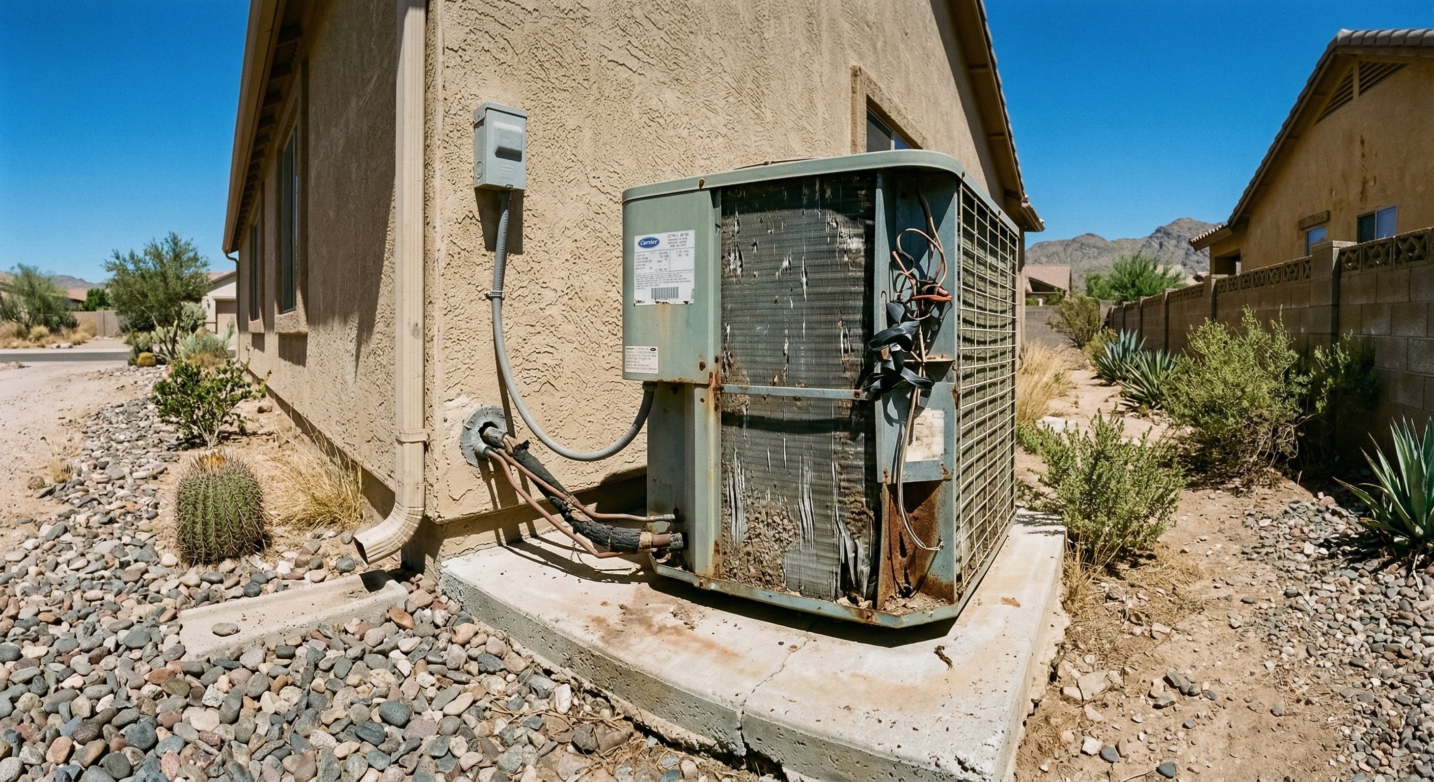 Old AC condenser unit next to stucco wall in Phoenix yard, showing age and wear with desert landscaping visible