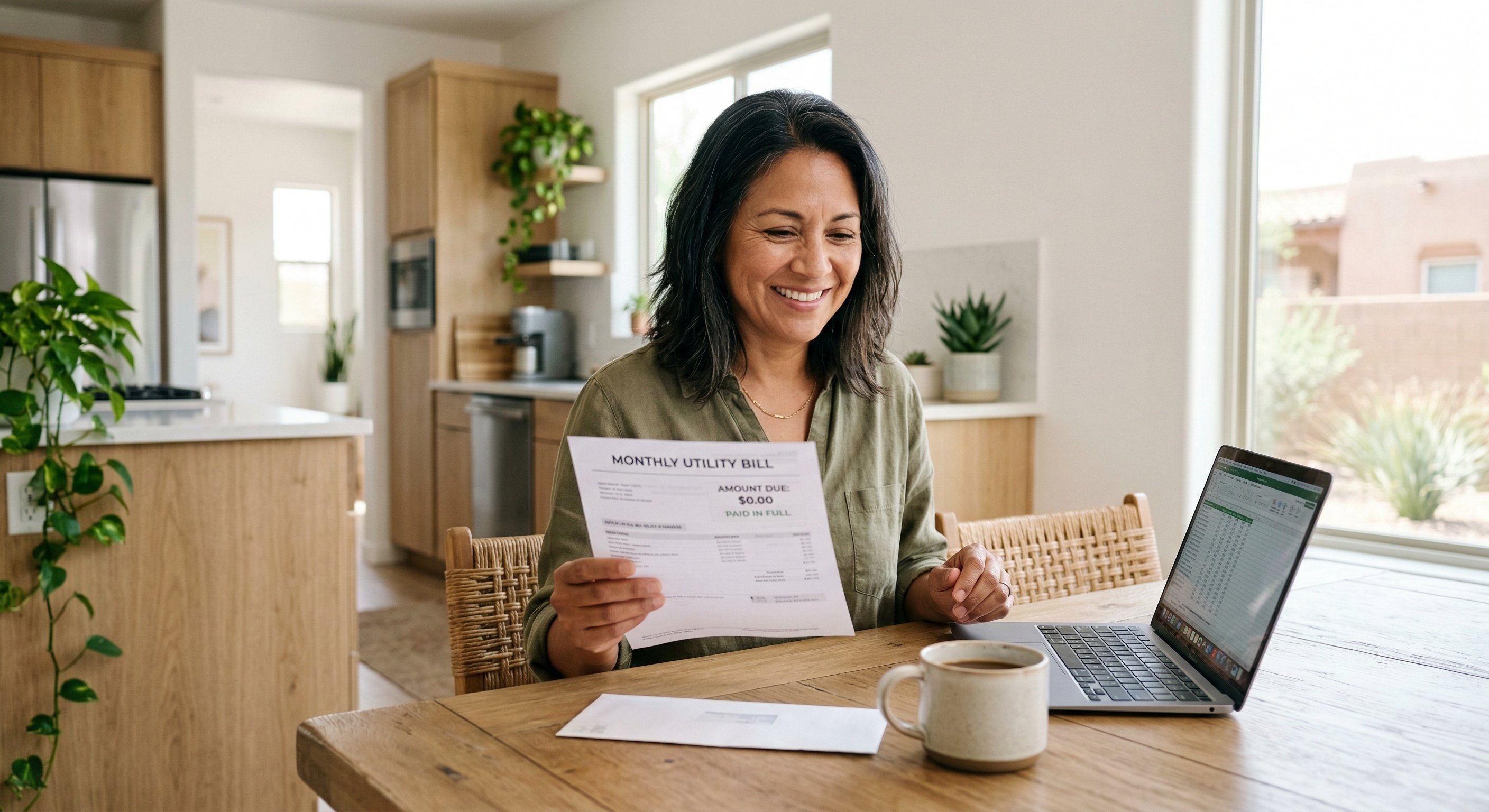 Homeowner in comfortable living room reviewing energy bill with visible relief expression, modern ceiling fan and clean interior, bright Arizona light through windows