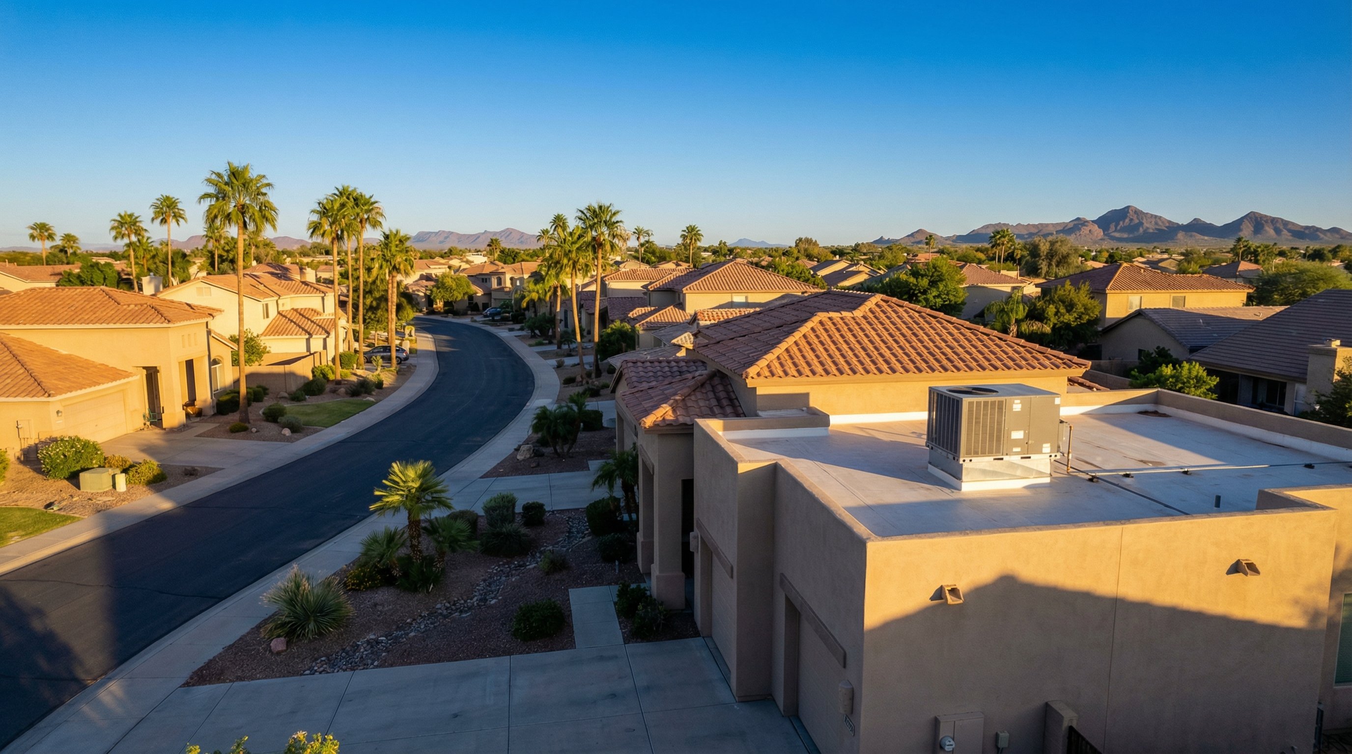 Phoenix metro aerial showing stucco homes with rooftop AC units in late afternoon desert light