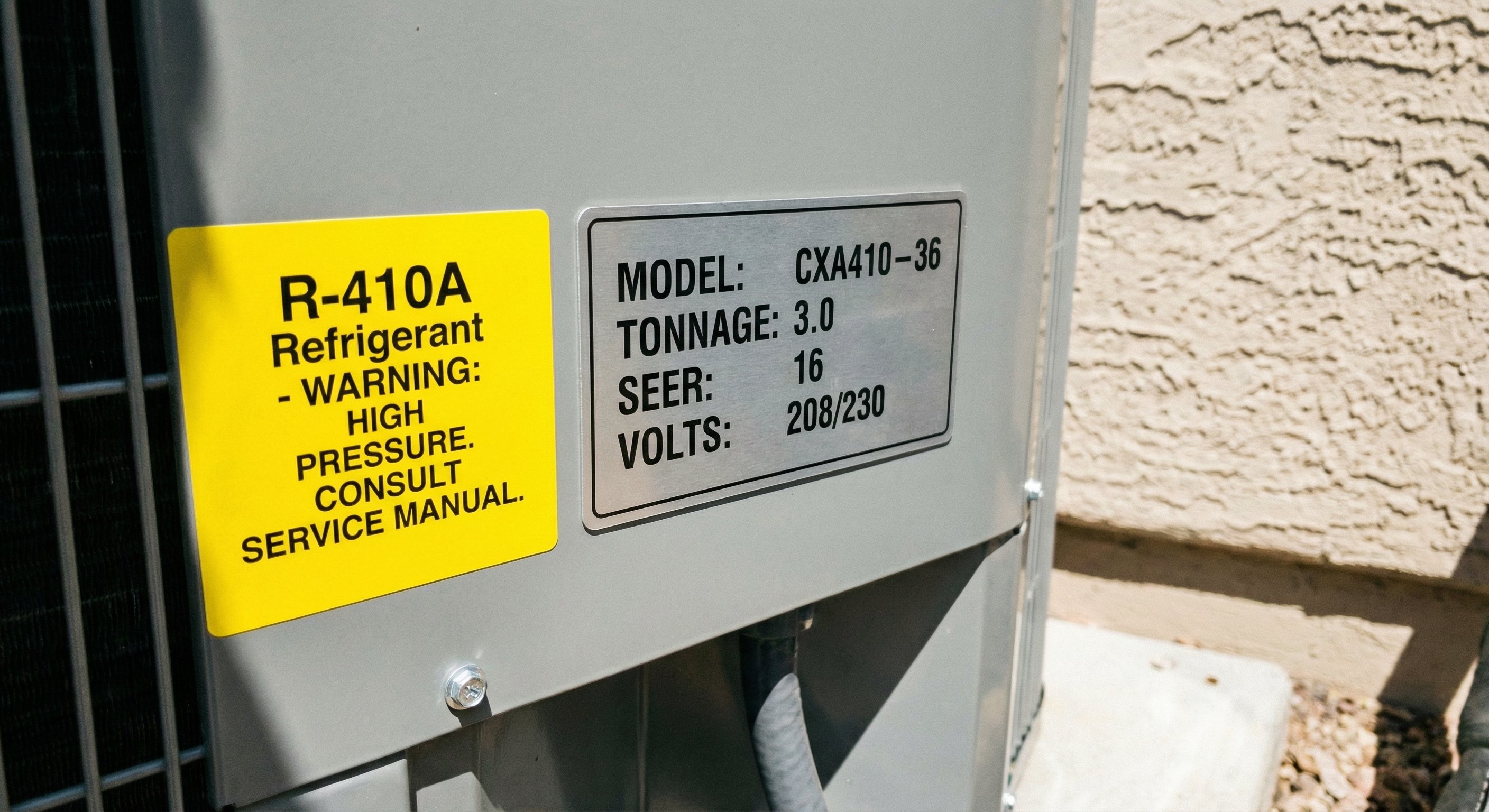 R-410A AC unit spec label showing refrigerant type and model information on a condensing unit in Chandler Arizona