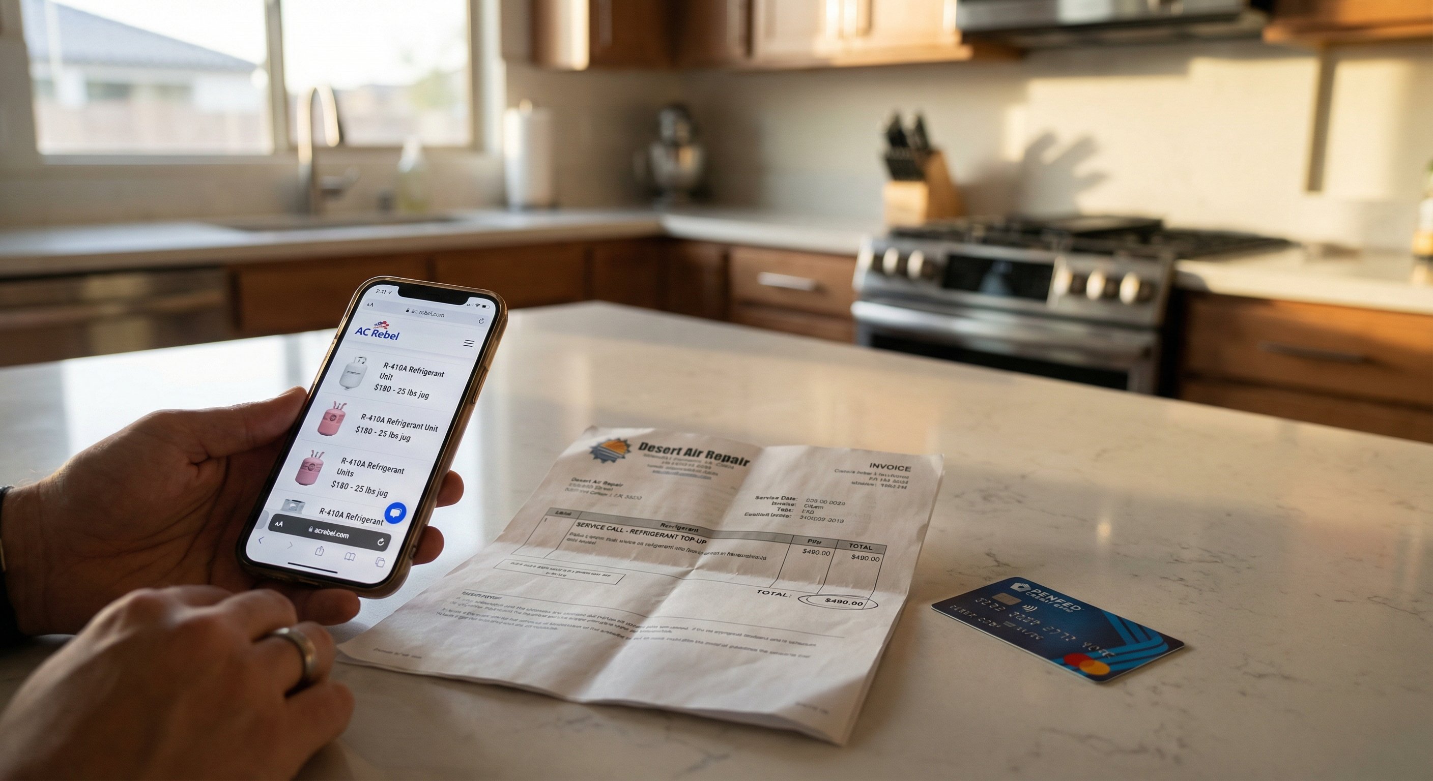 Homeowner researching AC refrigerant costs on smartphone with service invoice on kitchen counter in Gilbert Arizona