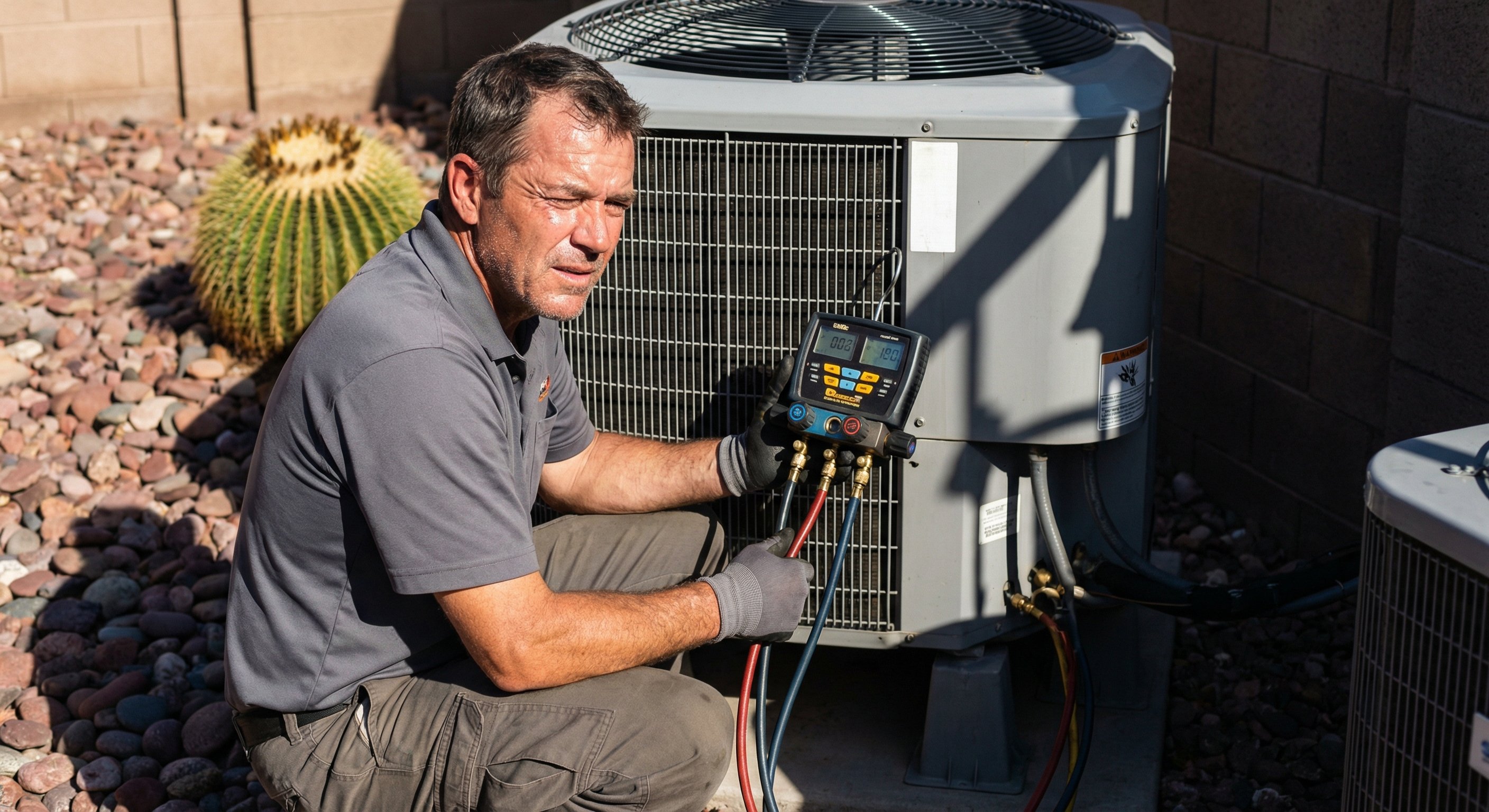 HVAC technician using digital refrigerant gauges to test pressure on a Phoenix AC unit