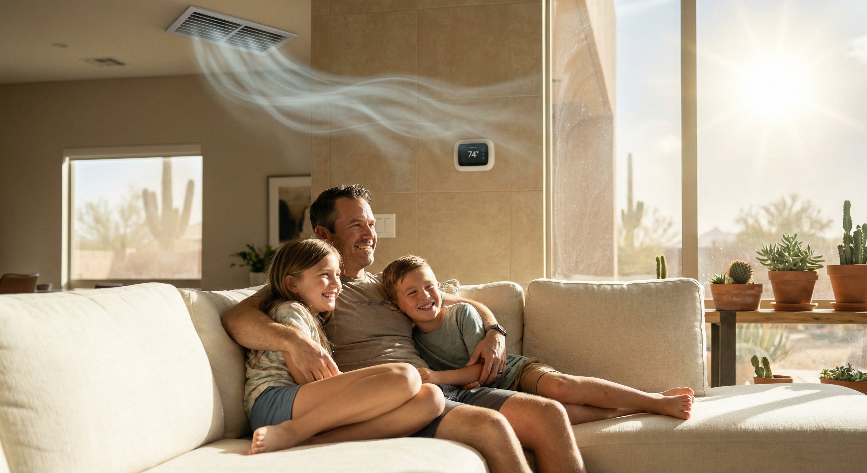 Family of four relaxed in a cool Phoenix living room with smart thermostat reading 74 degrees