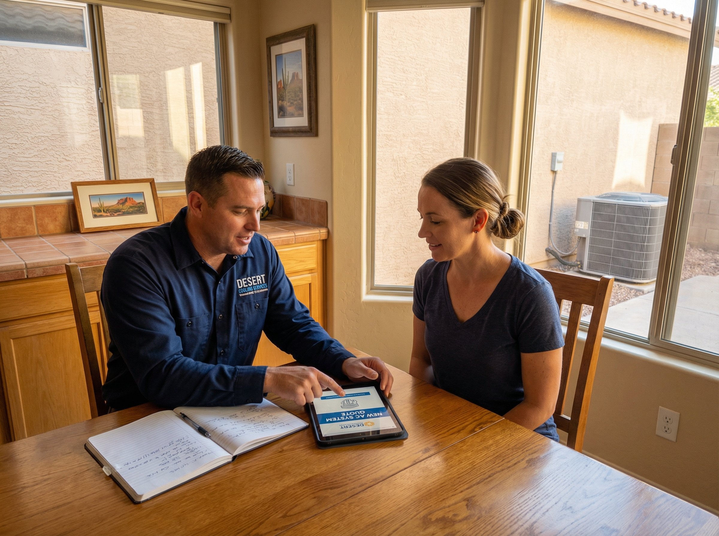 Licensed HVAC contractor reviewing a new AC system quote with a Phoenix homeowner at their kitchen table