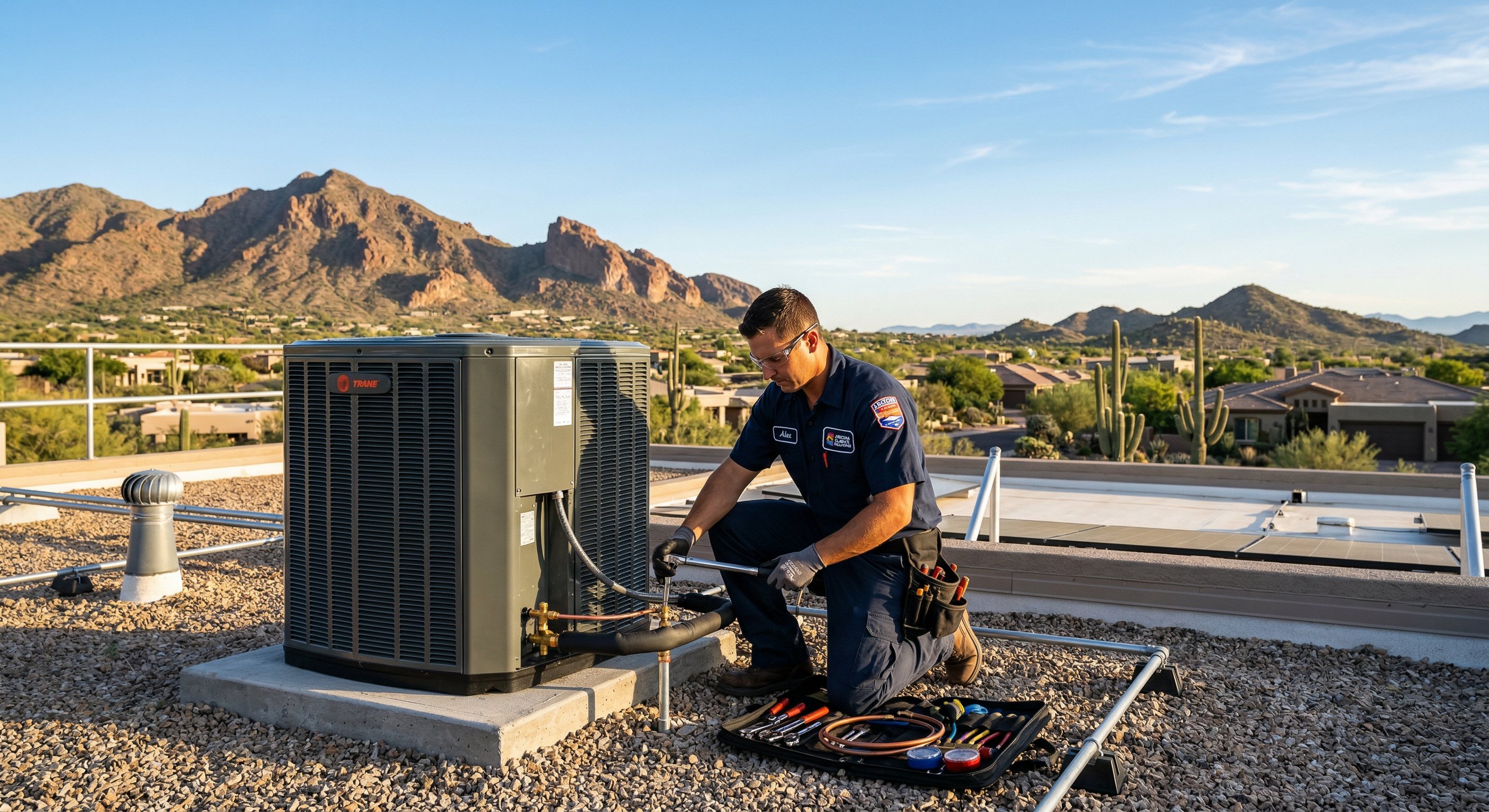 HVAC technician installing a new AC unit on a