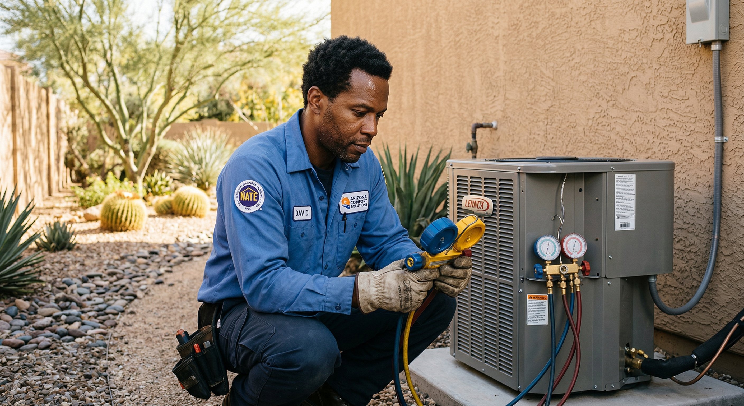 Licensed HVAC technician checking refrigerant and efficiency ratings on a new condenser unit installation in an Arizona side yard with stucco home and desert landscaping
