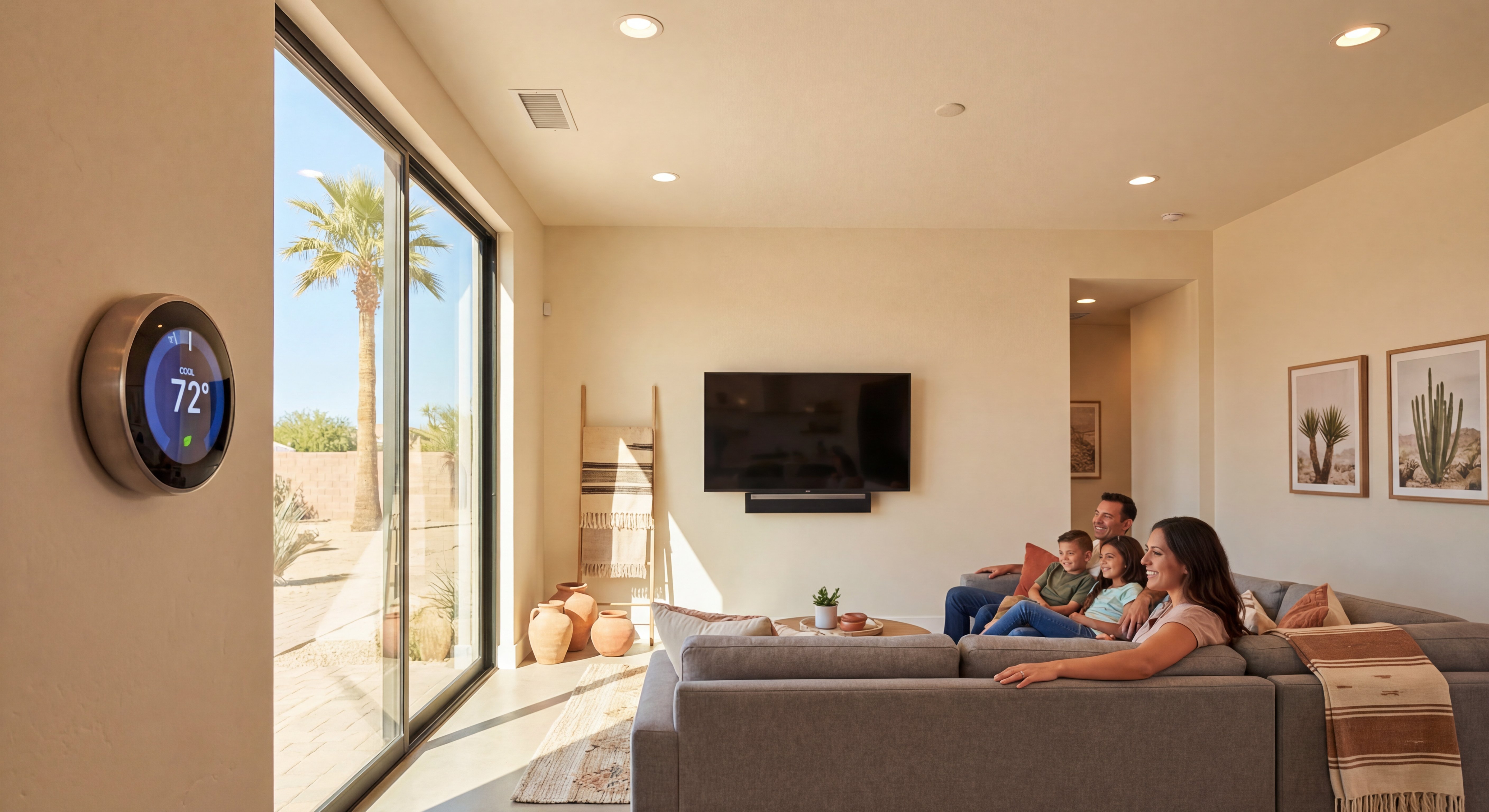 Family relaxing in cool modern Phoenix living room with smart thermostat showing 72 degrees