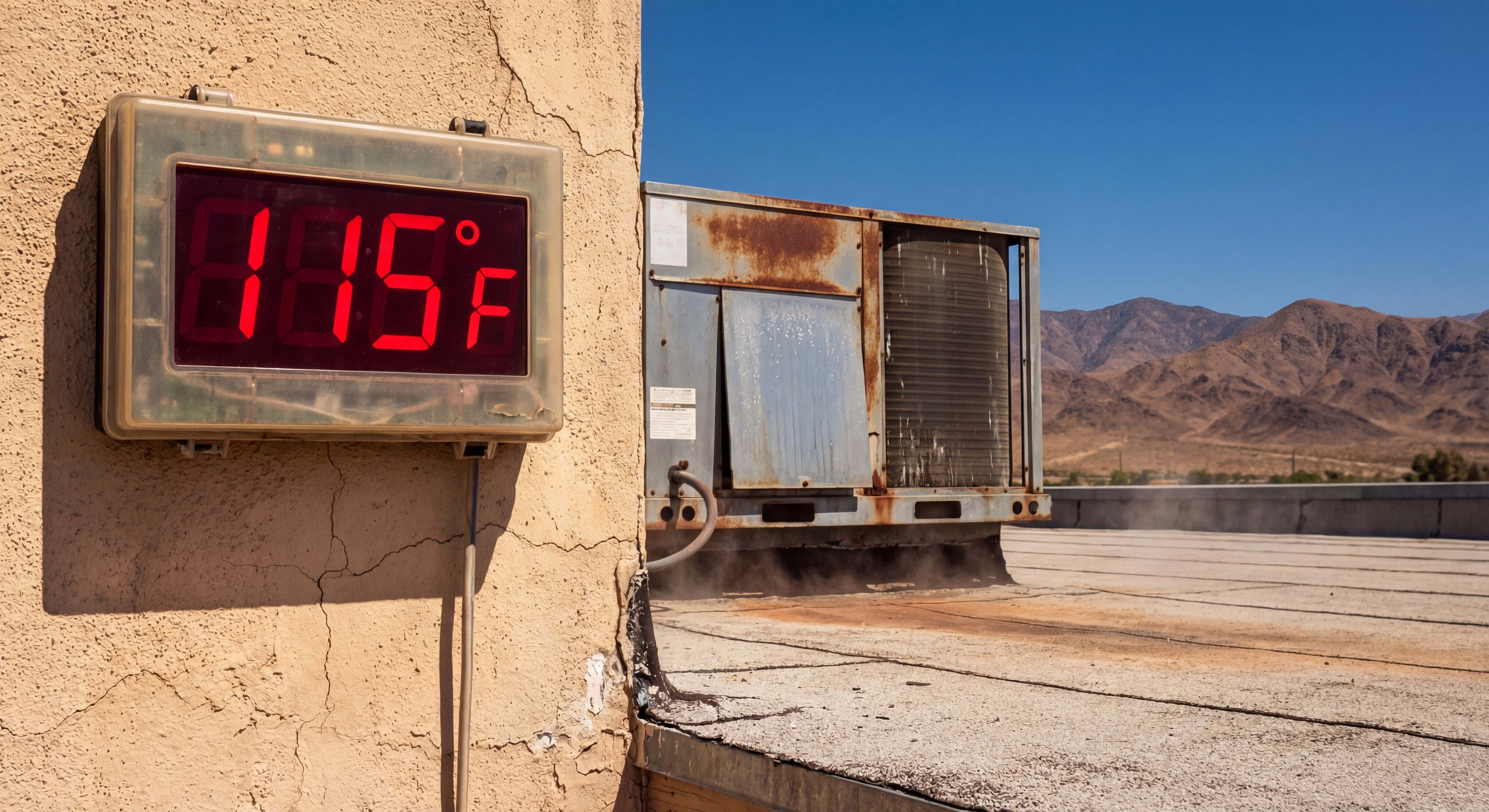 Phoenix home exterior showing large digital thermometer reading 115 degrees in direct summer sun next to rooftop AC unit