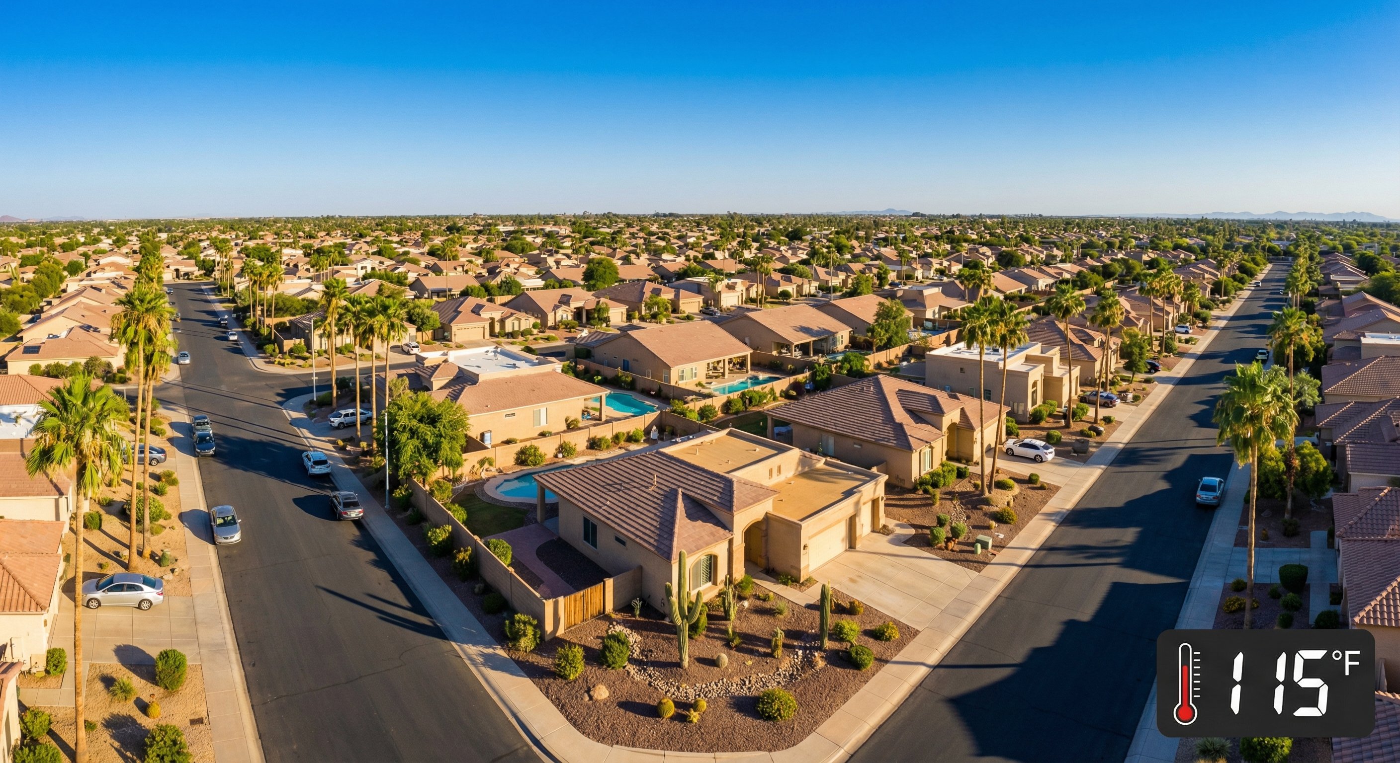 Phoenix aerial neighborhood with tile roofs and desert landscaping