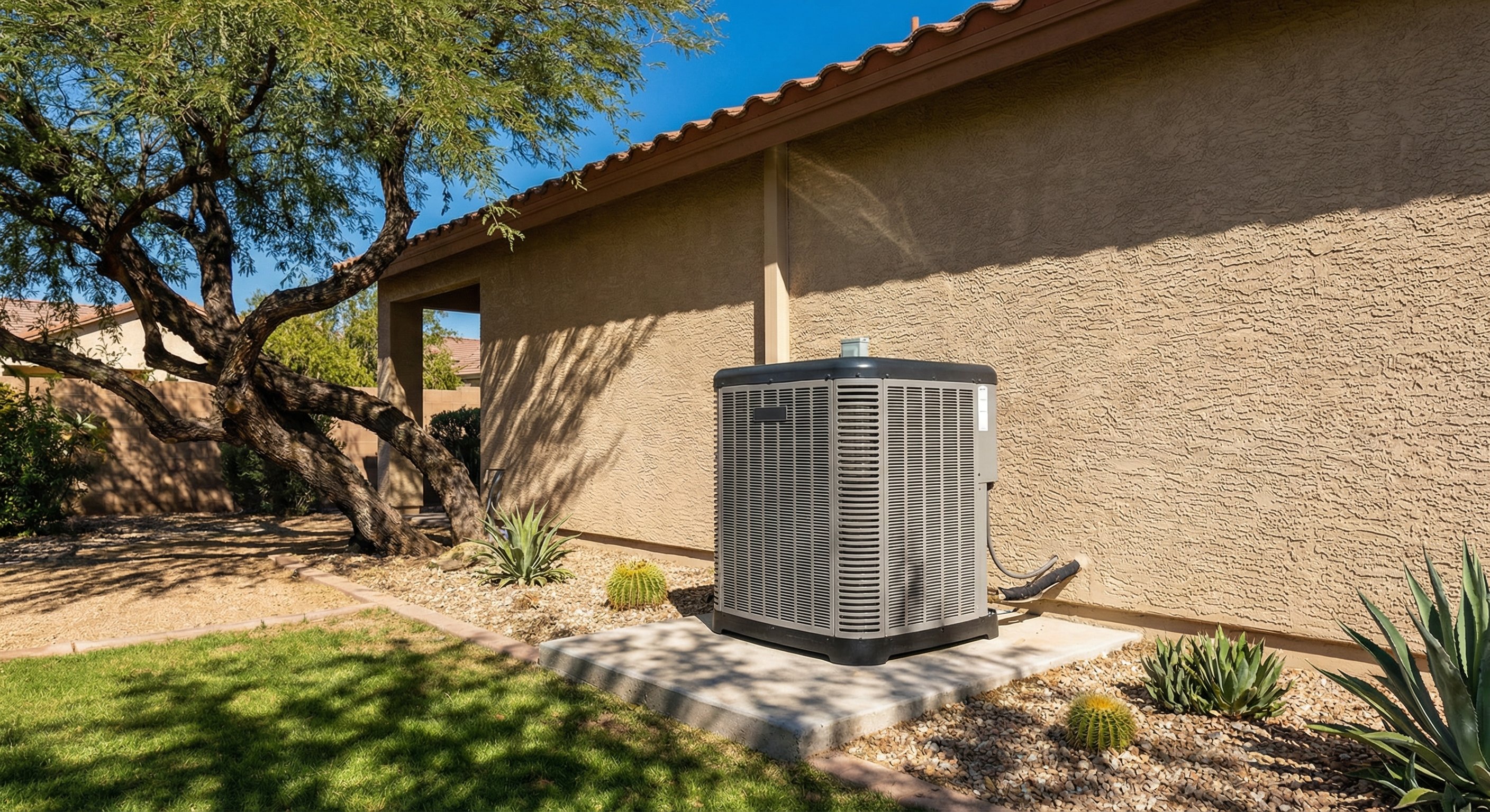 Clean modern AC condenser on Phoenix stucco home side yard