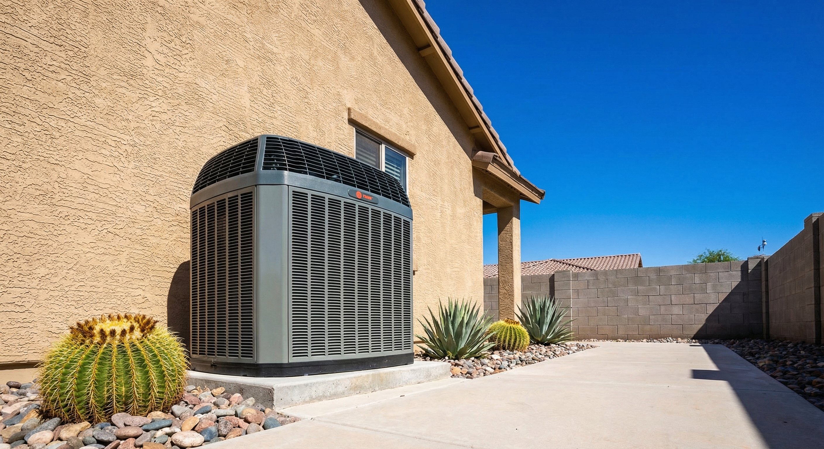Three modern AC condenser units side by side representing Trane, Carrier, and Lennox brands in an Arizona setting