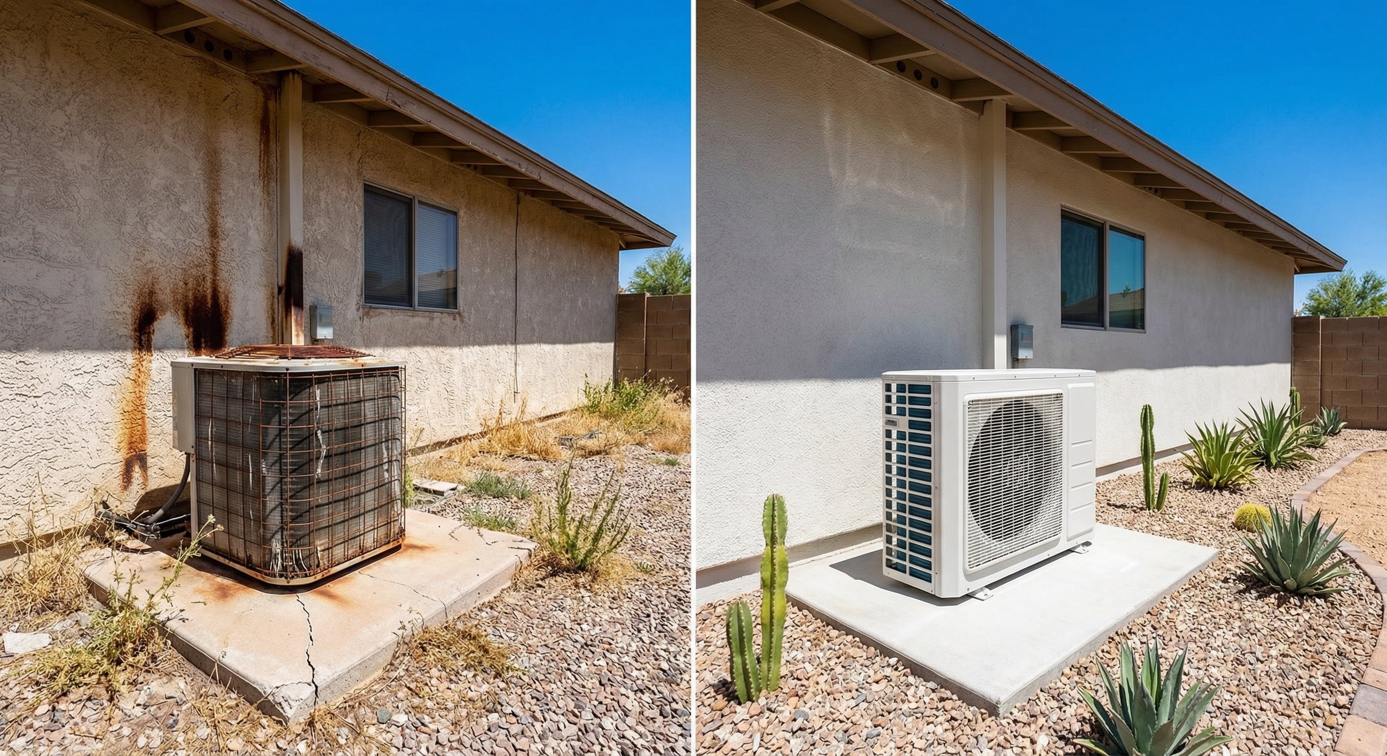 Licensed HVAC technician inspecting an outdoor AC condenser unit in a Phoenix side yard