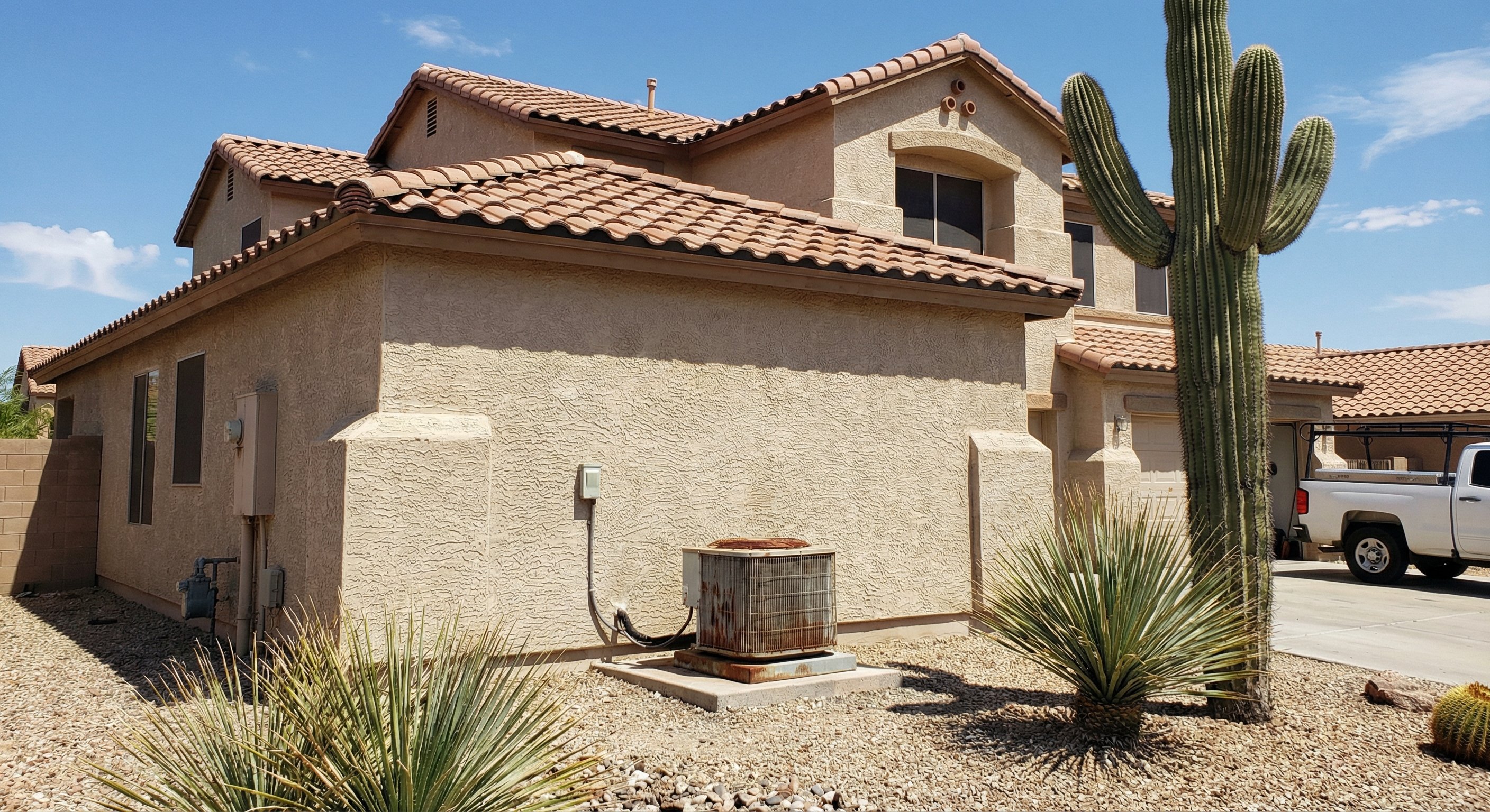 Small AC condensing unit dwarfed by a large two-story Phoenix home