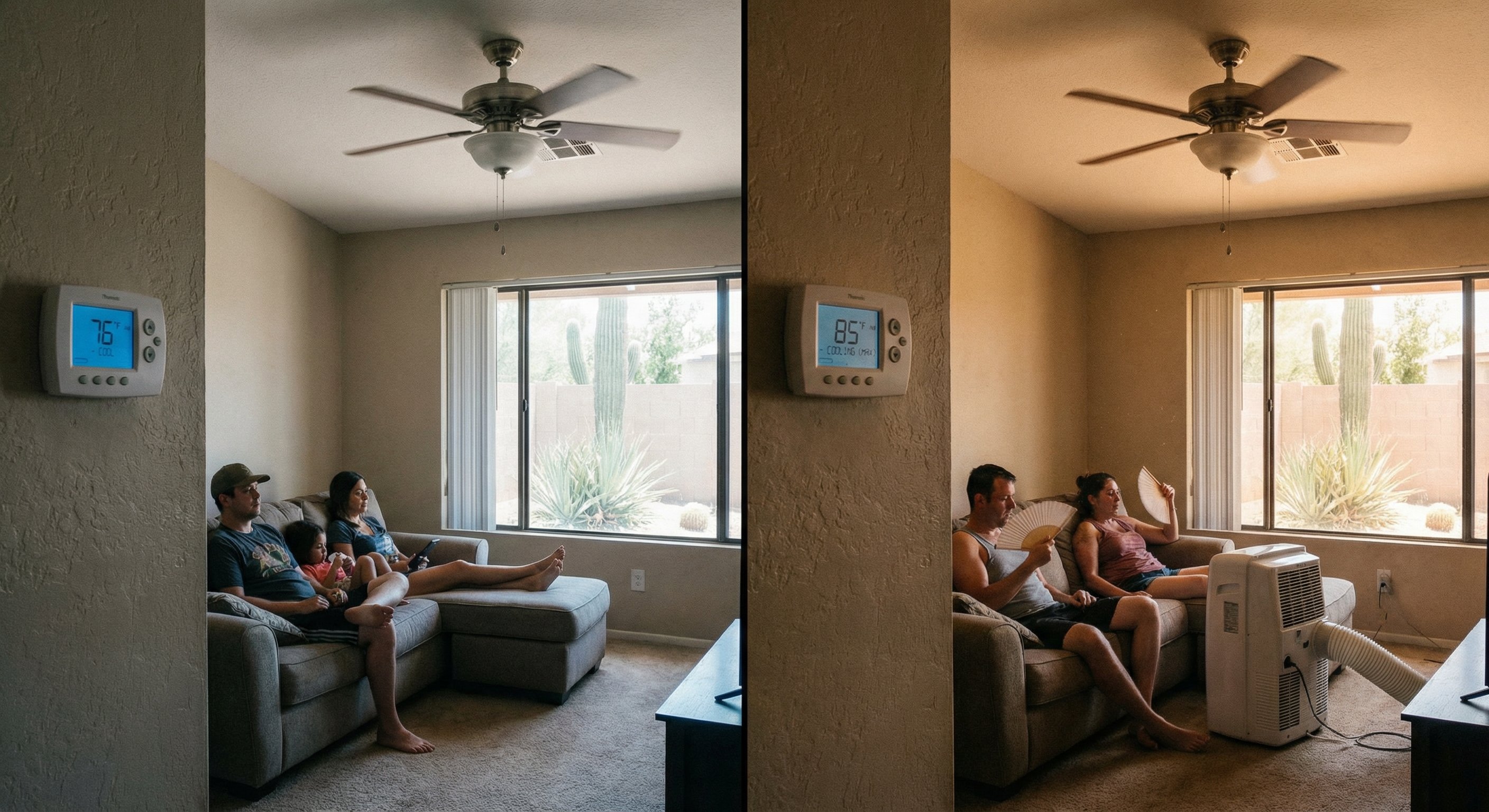 Split-screen showing cool living room vs hot upstairs bedroom in Phoenix home