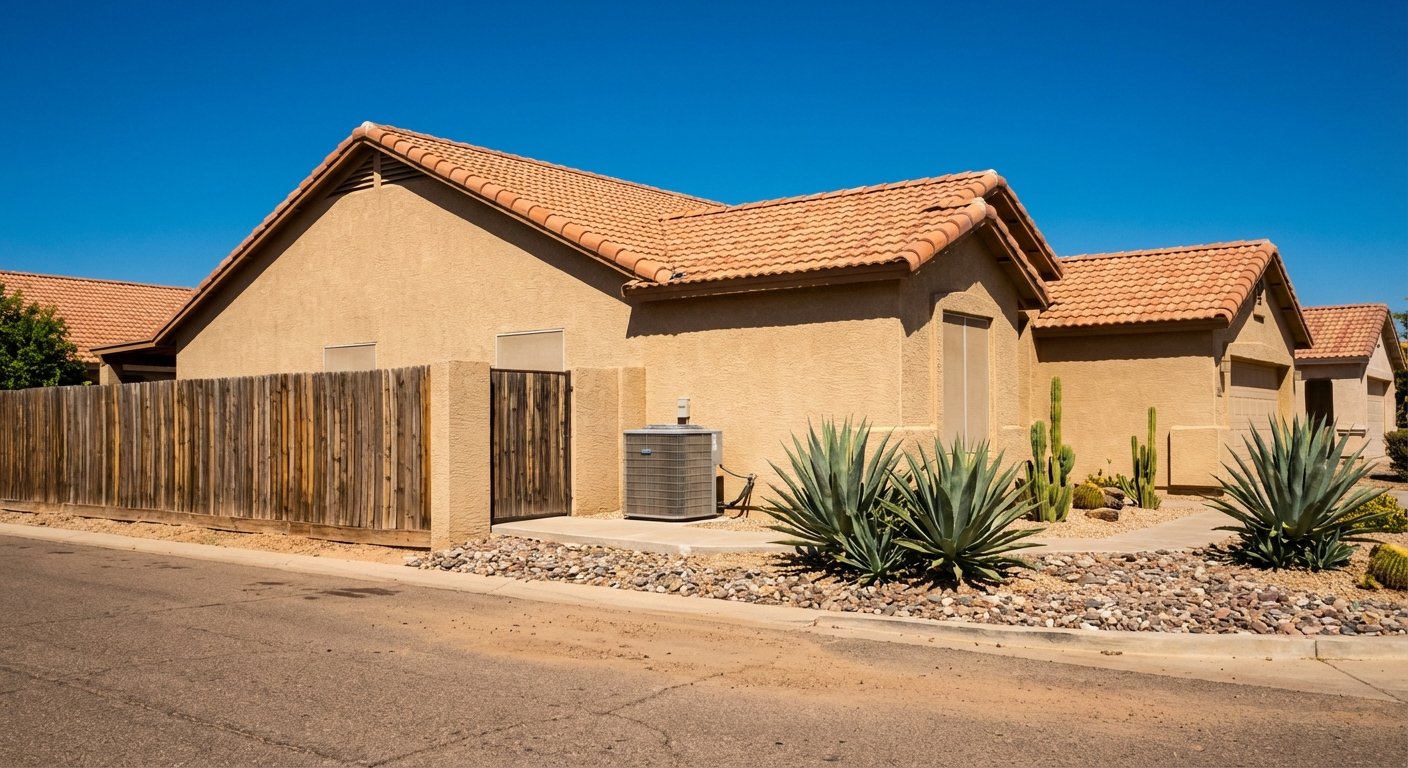 Arizona stucco home with AC condenser in side yard