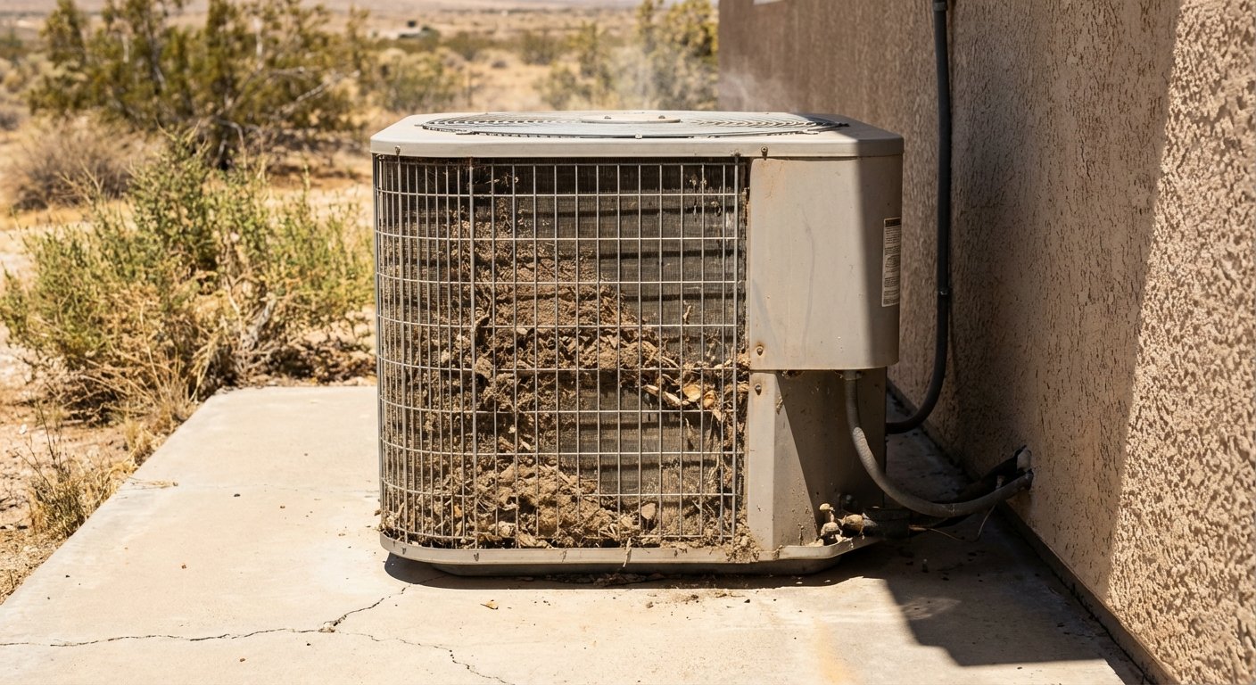 Dirty AC condenser coils with dust and debris