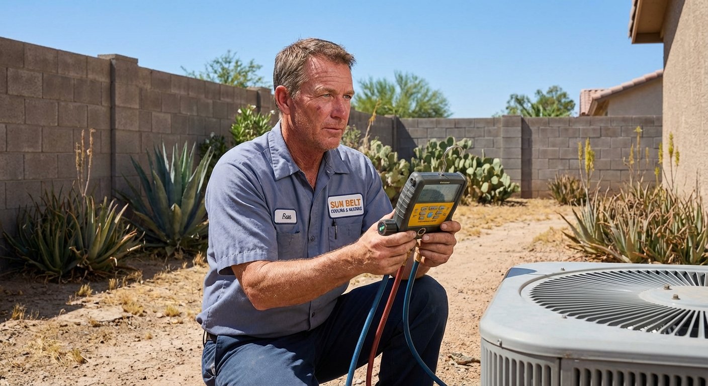 HVAC technician checking refrigerant pressure on AC unit