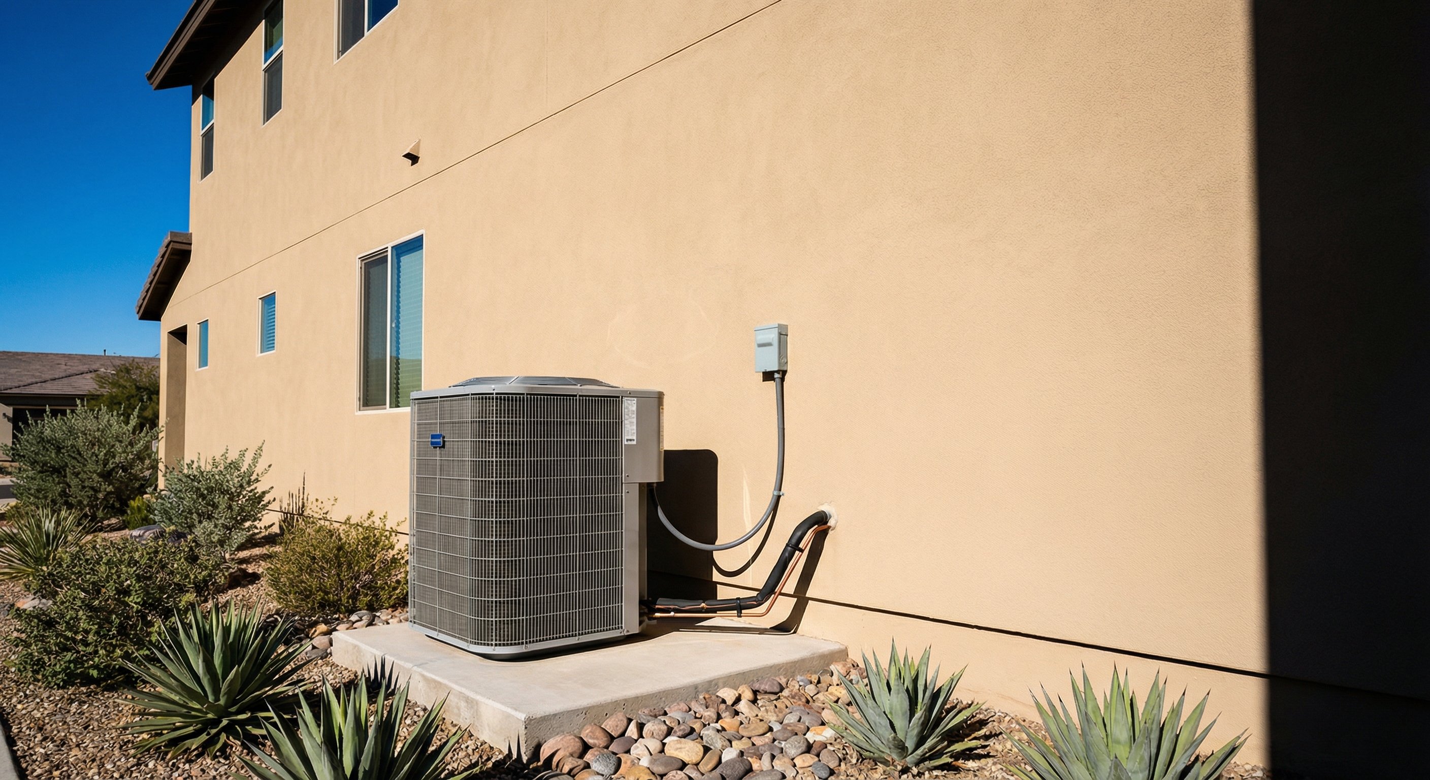 AC condenser installed on side yard concrete pad of a Phoenix home