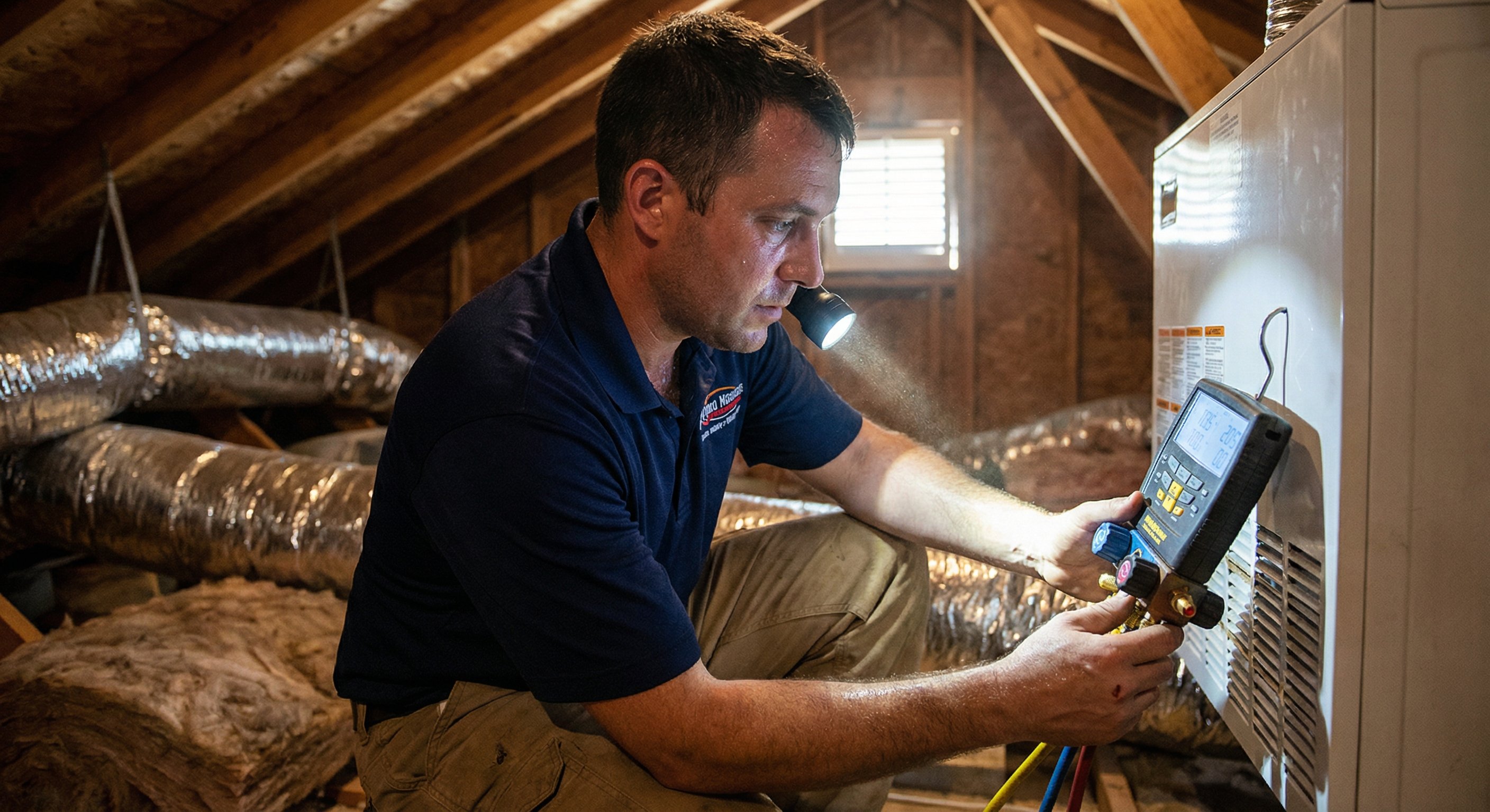 HVAC technician measuring a home's air handler during a load calculation