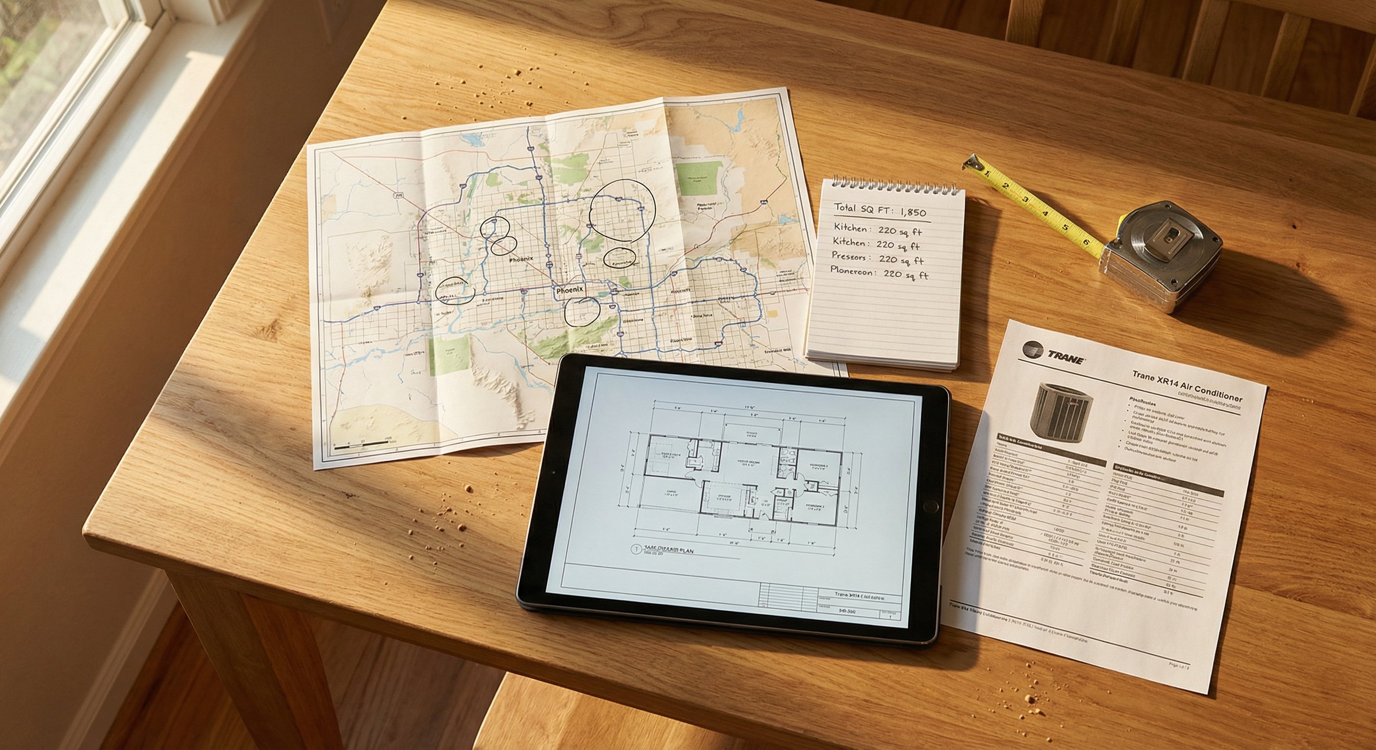 Two-story Phoenix home in afternoon sunlight with AC unit visible on side yard