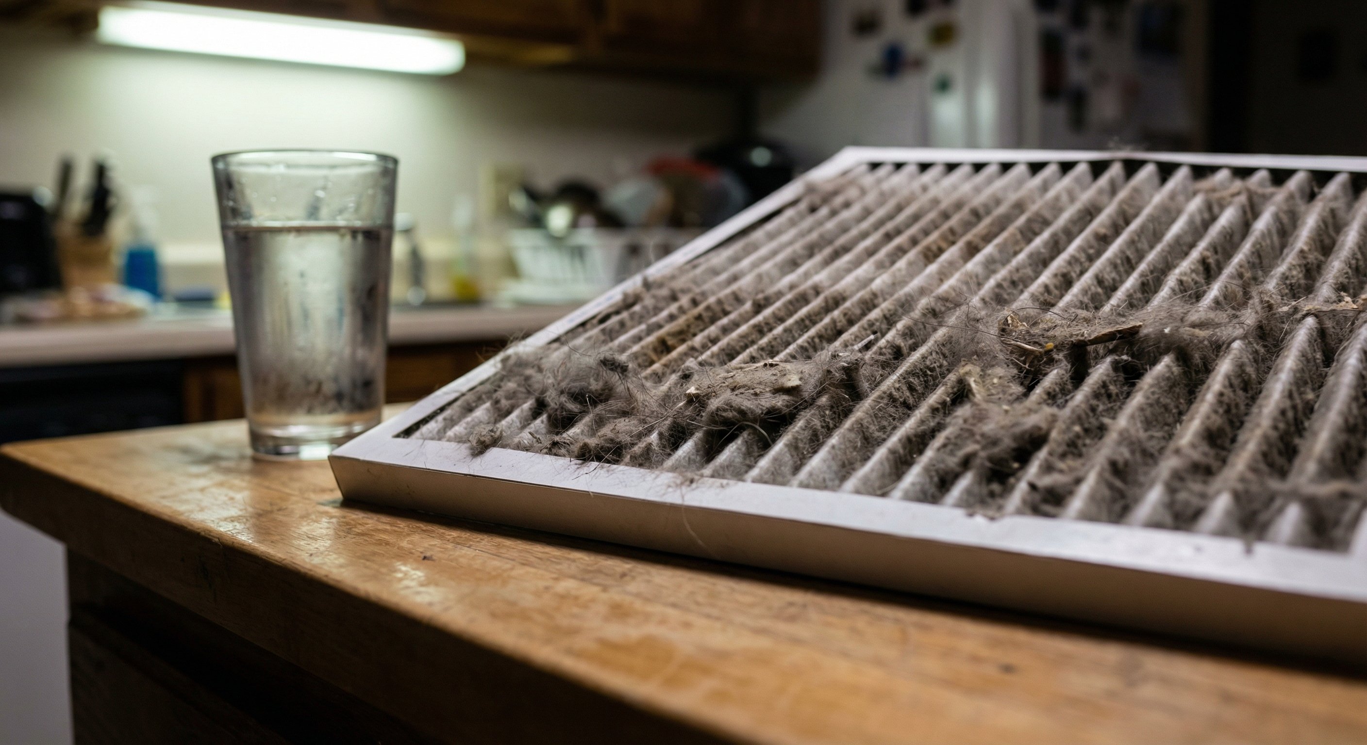 A dirty HVAC air filter with thick gray dust buildup on the pleated media, resting on a kitchen counter next to a glass of water