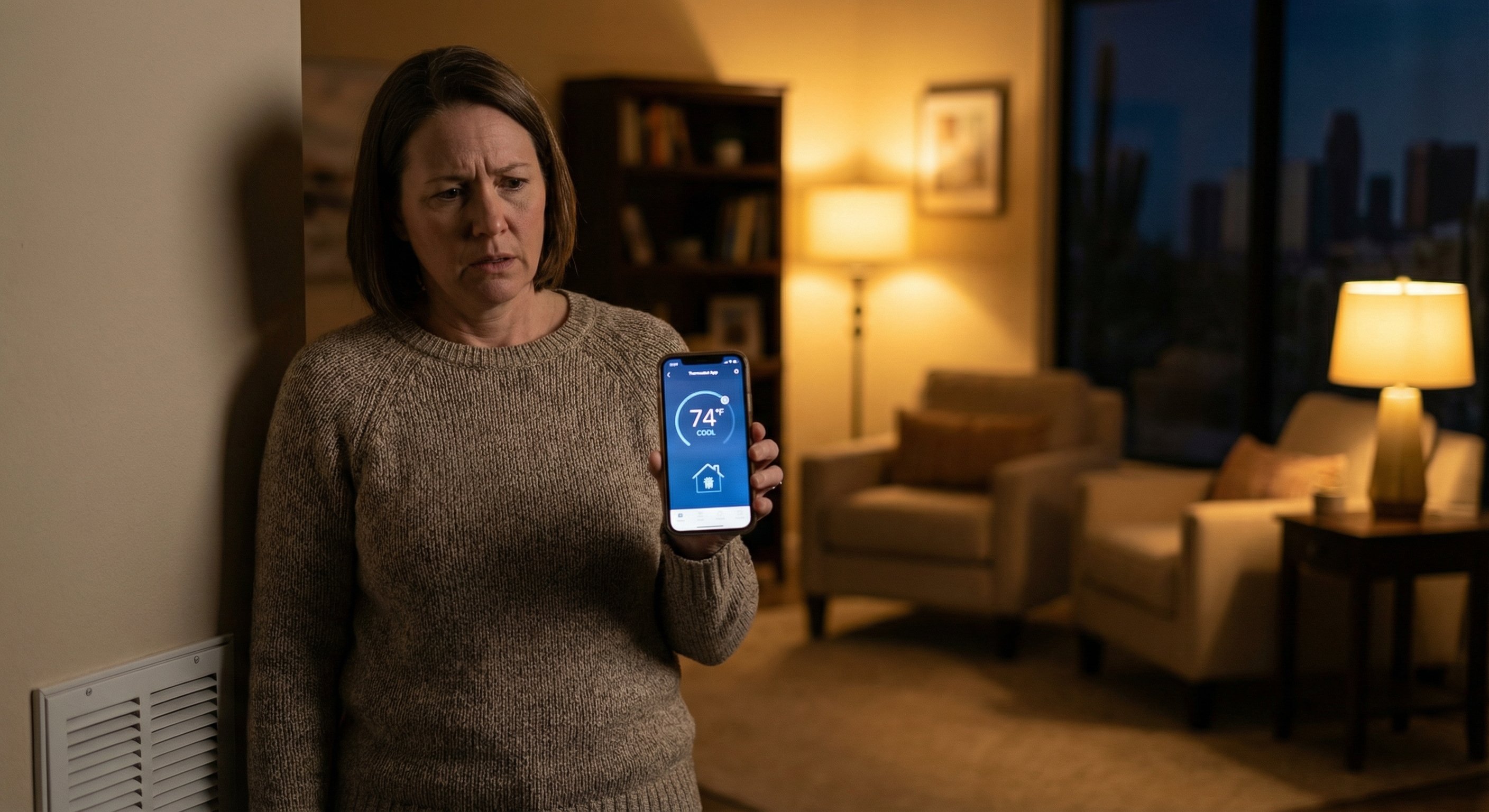 A Phoenix homeowner at night checking a thermostat app on their smartphone in their cool living room, looking concerned