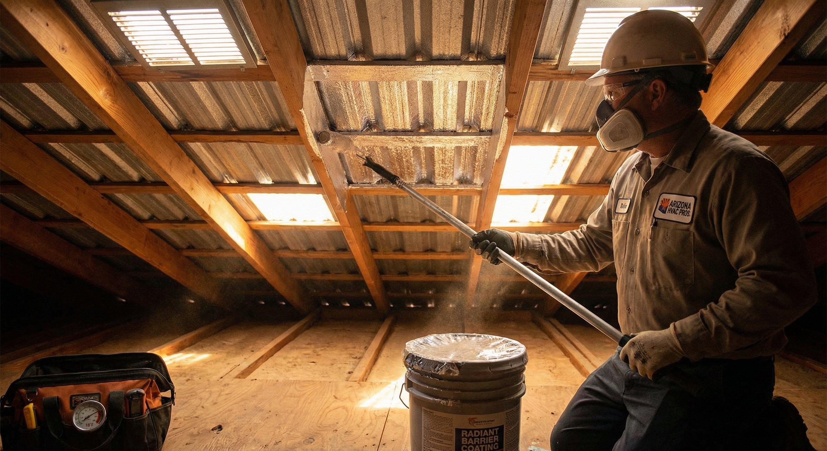 Licensed HVAC technician installing radiant heat barrier in a Phoenix attic