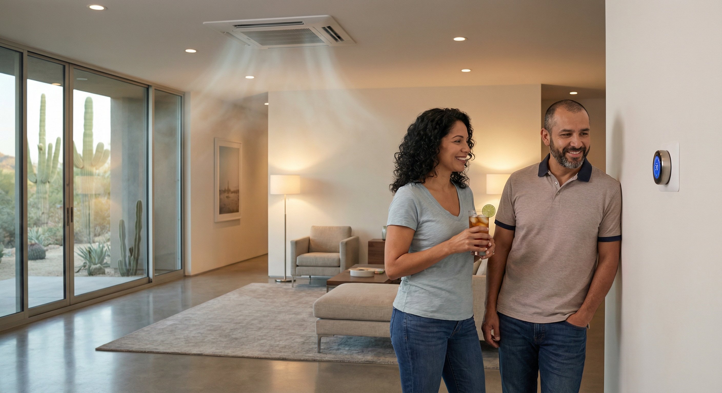 Phoenix homeowner couple checking their smart thermostat on a comfortable summer evening