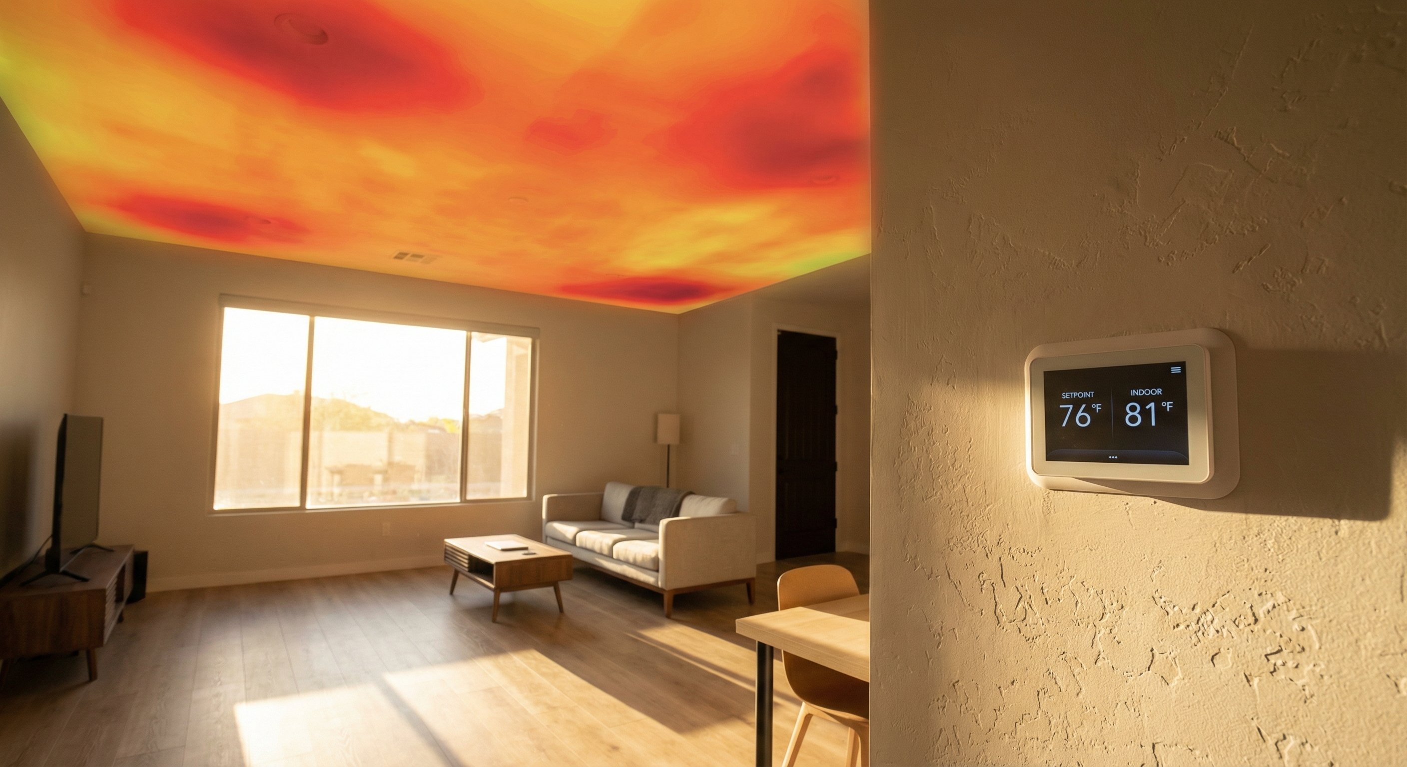 Heat accumulation visible at the ceiling of a Phoenix living room on a hot afternoon