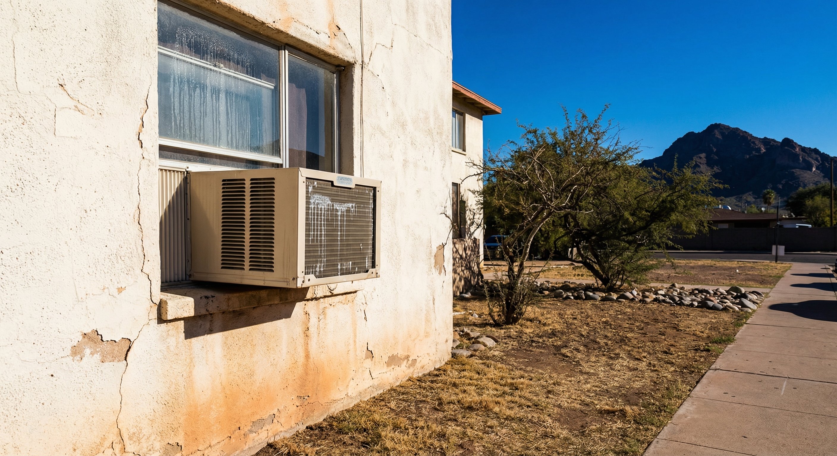 Window AC unit mounted in a Phoenix apartment, condensation and heat wear visible on the chassis