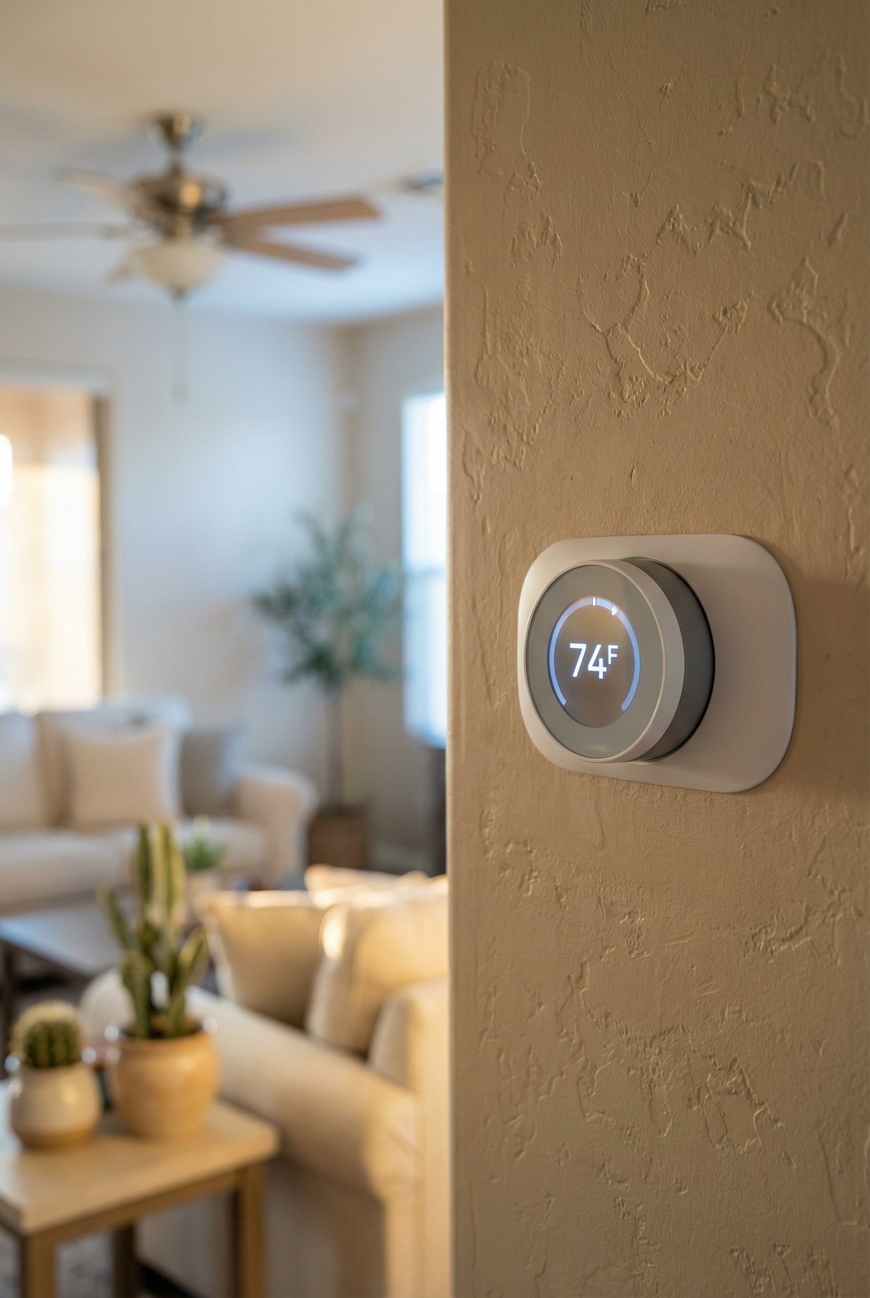 Smart thermostat showing 74F in a cool Phoenix living room