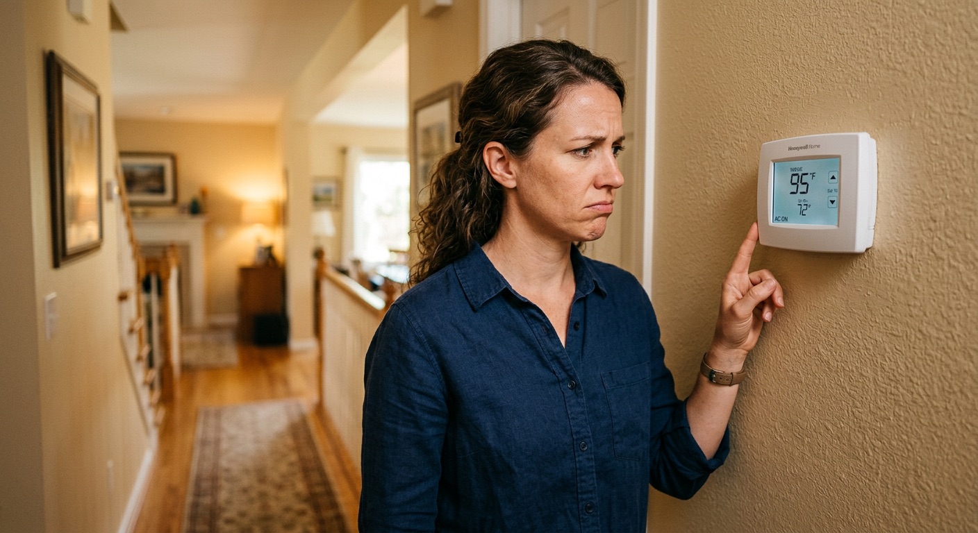 Person checking thermostat showing 95 degrees inside house