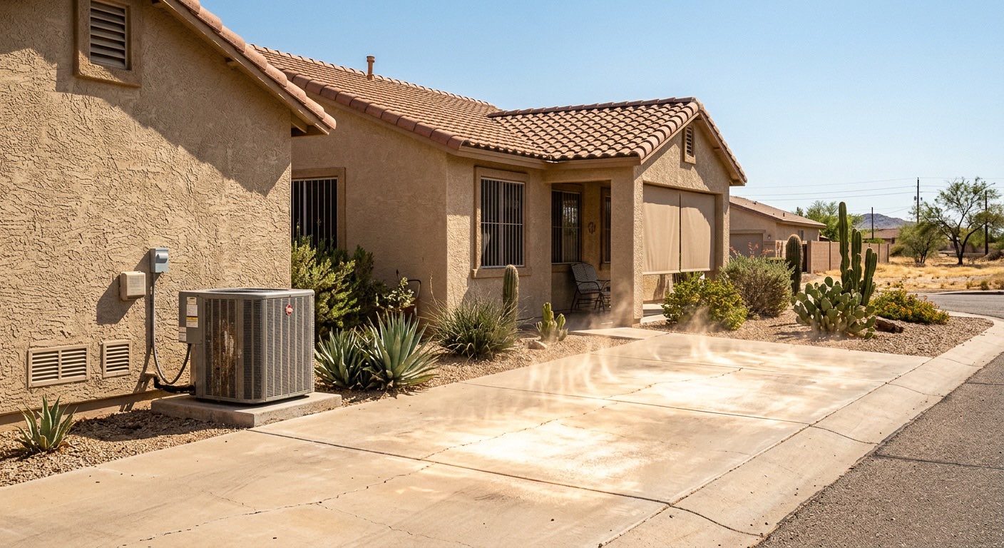 Phoenix home exterior in extreme summer heat with AC condenser unit