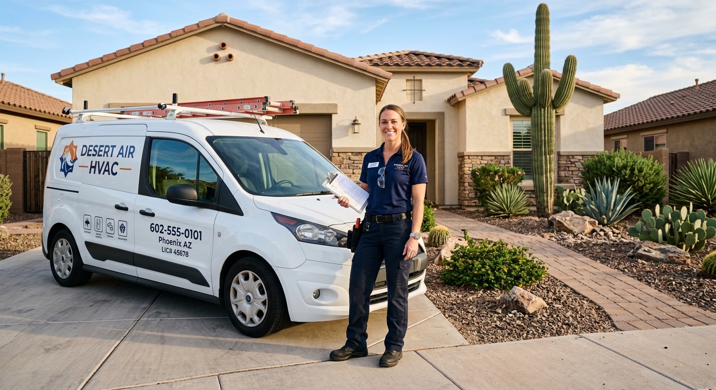 HVAC contractor with clipboard standing next to work van in front of Phoenix stucco home