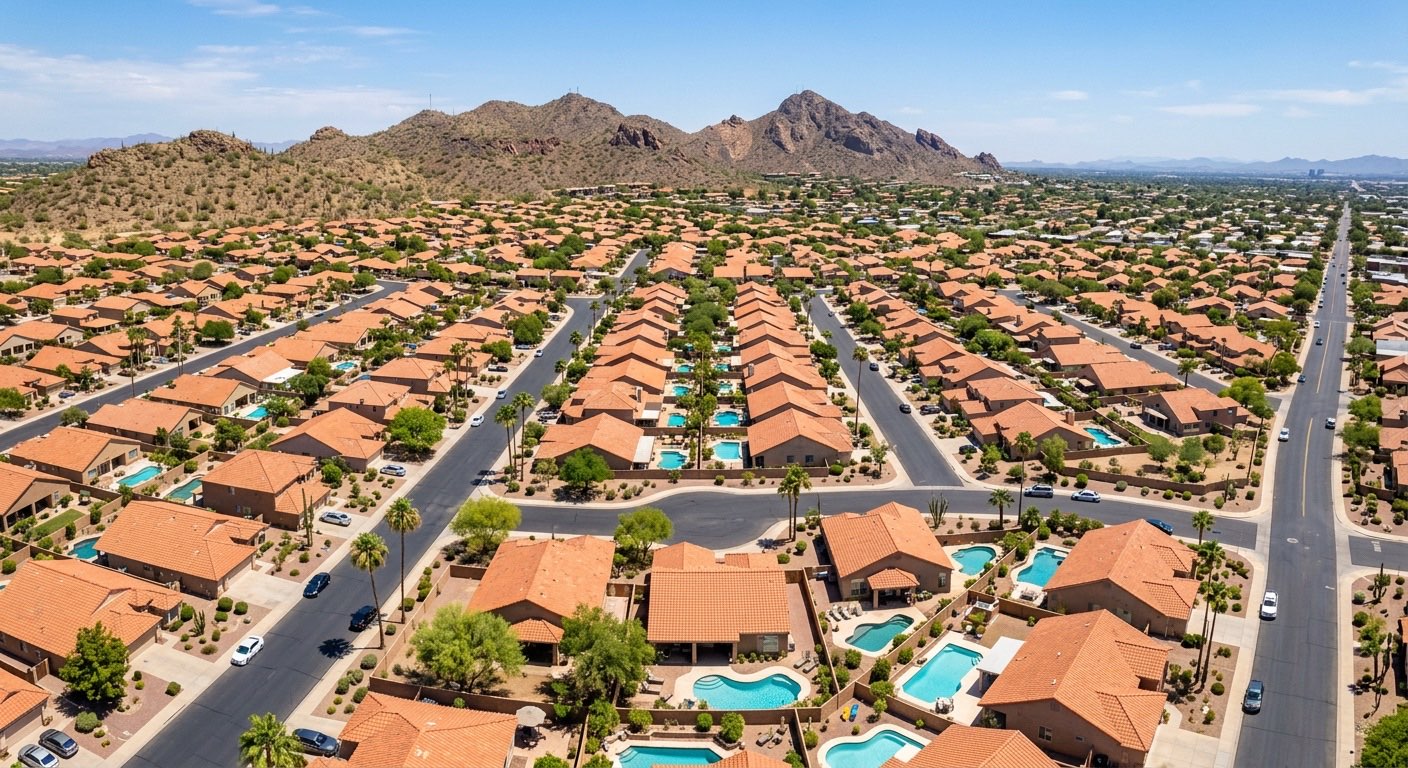 Aerial view of Phoenix suburban neighborhood with tile roofs and pools