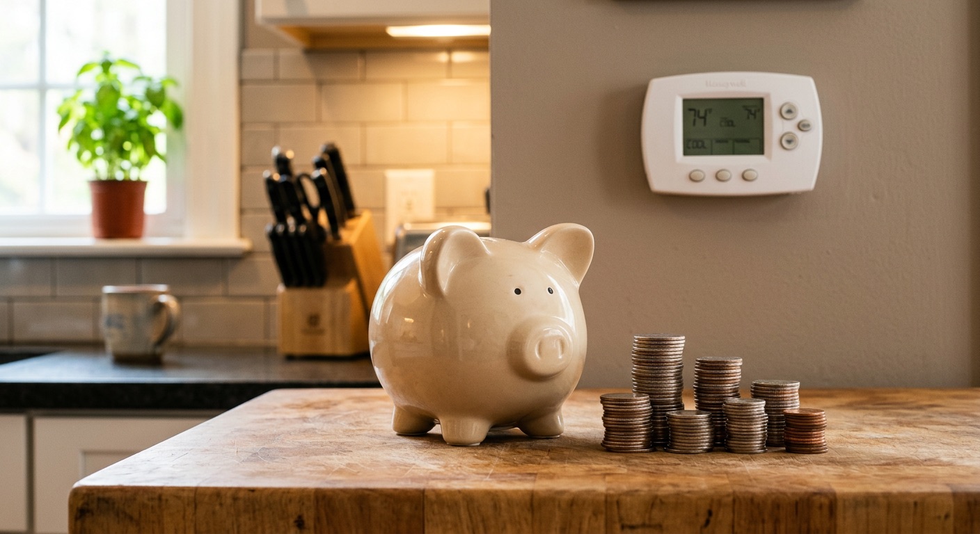 Piggy bank with coins on kitchen counter with AC thermostat on wall