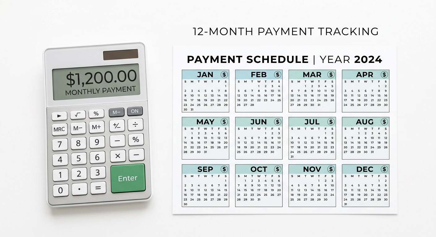 Calculator with dollar signs and calendar showing 12 months of payments